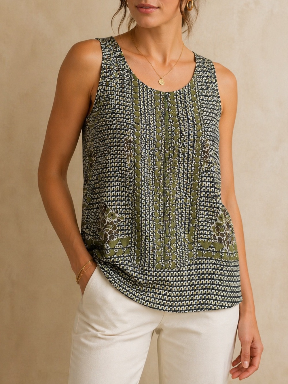 Liverpool Geometric Floral Woven Shell Scoop Neck Sleeveless Double Layer Blouse